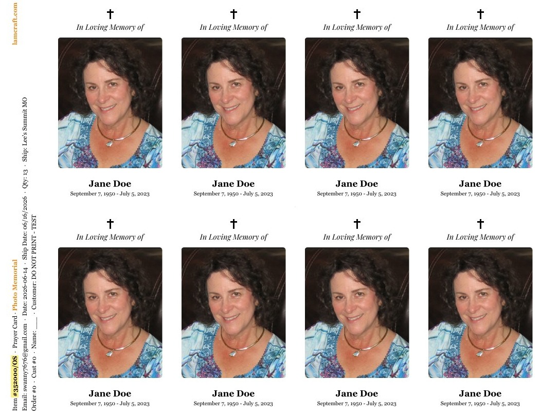 Your photo on an 8-up perforated prayer card sheet