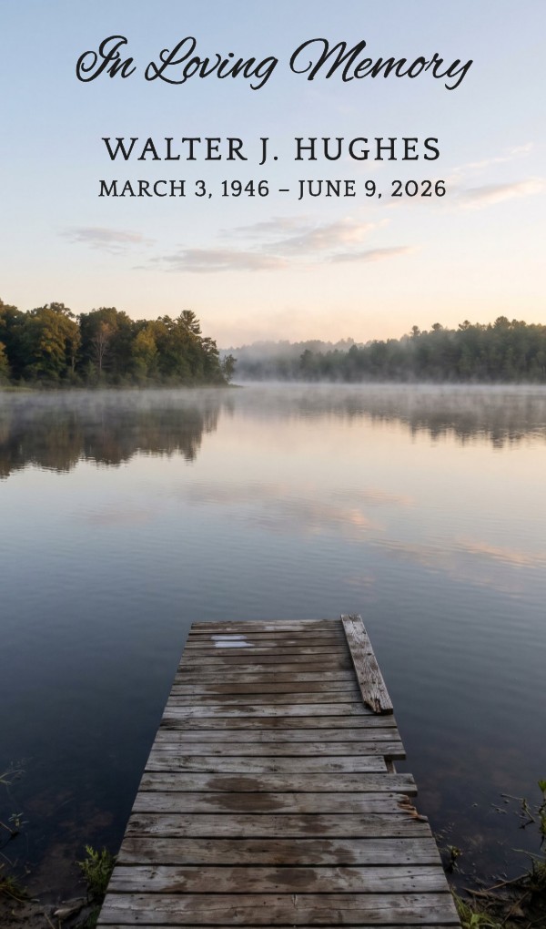 A photo prayer card — a lake at sunrise fills the front, In Loving Memory across the sky